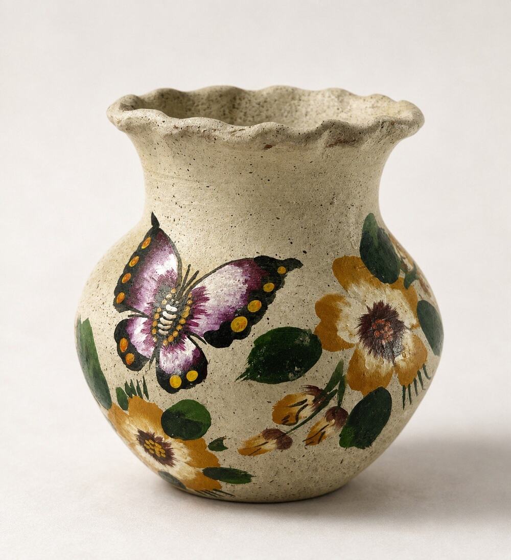 Vintage Hand Painted Pottery Vase Butterfly Floral Folk Art Scalloped Rim 6”